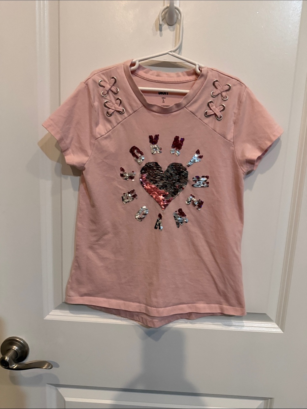 DKNY Pink Short-Sleeve Sequin Heart Tee with Lace-Up Shoulders